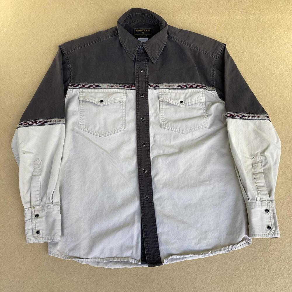 Rustler by Wrangler Pearl Snap Shirt Mens Medium Western Navajo Twilled Cotton